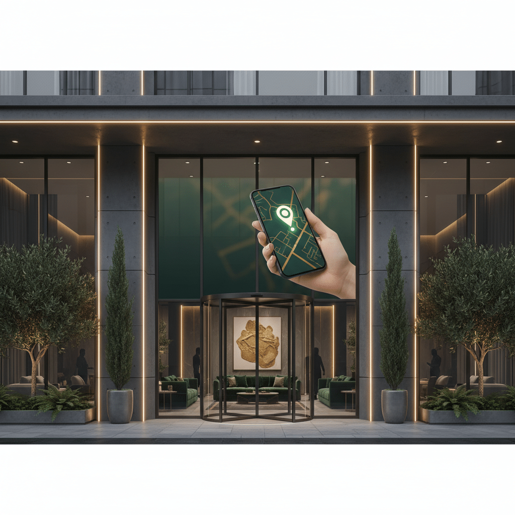 Professionele weergave van een luxe boutique hotel dat geoptimaliseerd is voor lokale online vindbaarheid en hospitality marketing.